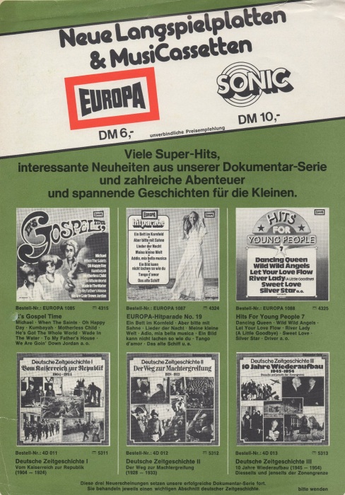 "Neue Langspielplatten & MusiCassetten (EUROPA / SONIC)", Juni 1976, S. 1