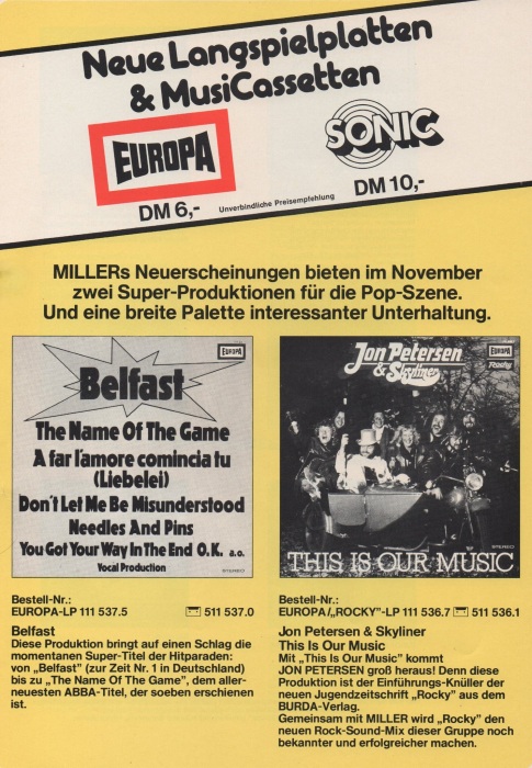 "Neue Langspielplatten & MusiCassetten (EUROPA / SONIC)", Oktober 1977, S. 1